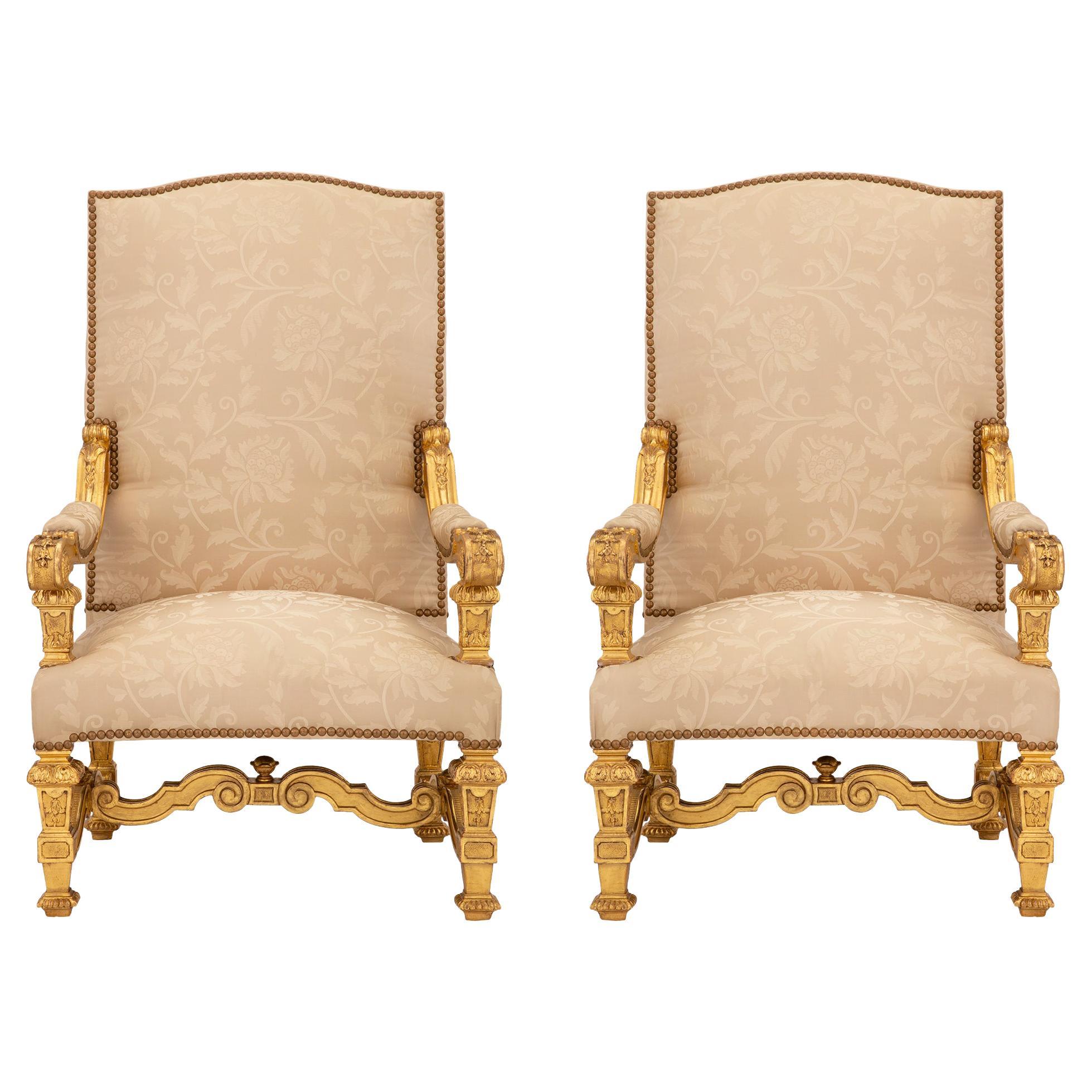 Pair of Italian Mid-19th Century Louis XIV St. Giltwood Armchairs For Sale