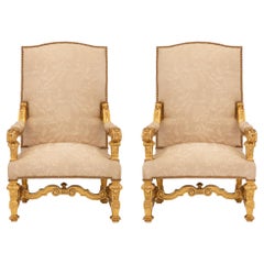 Antique Pair of Italian Mid-19th Century Louis XIV St. Giltwood Armchairs