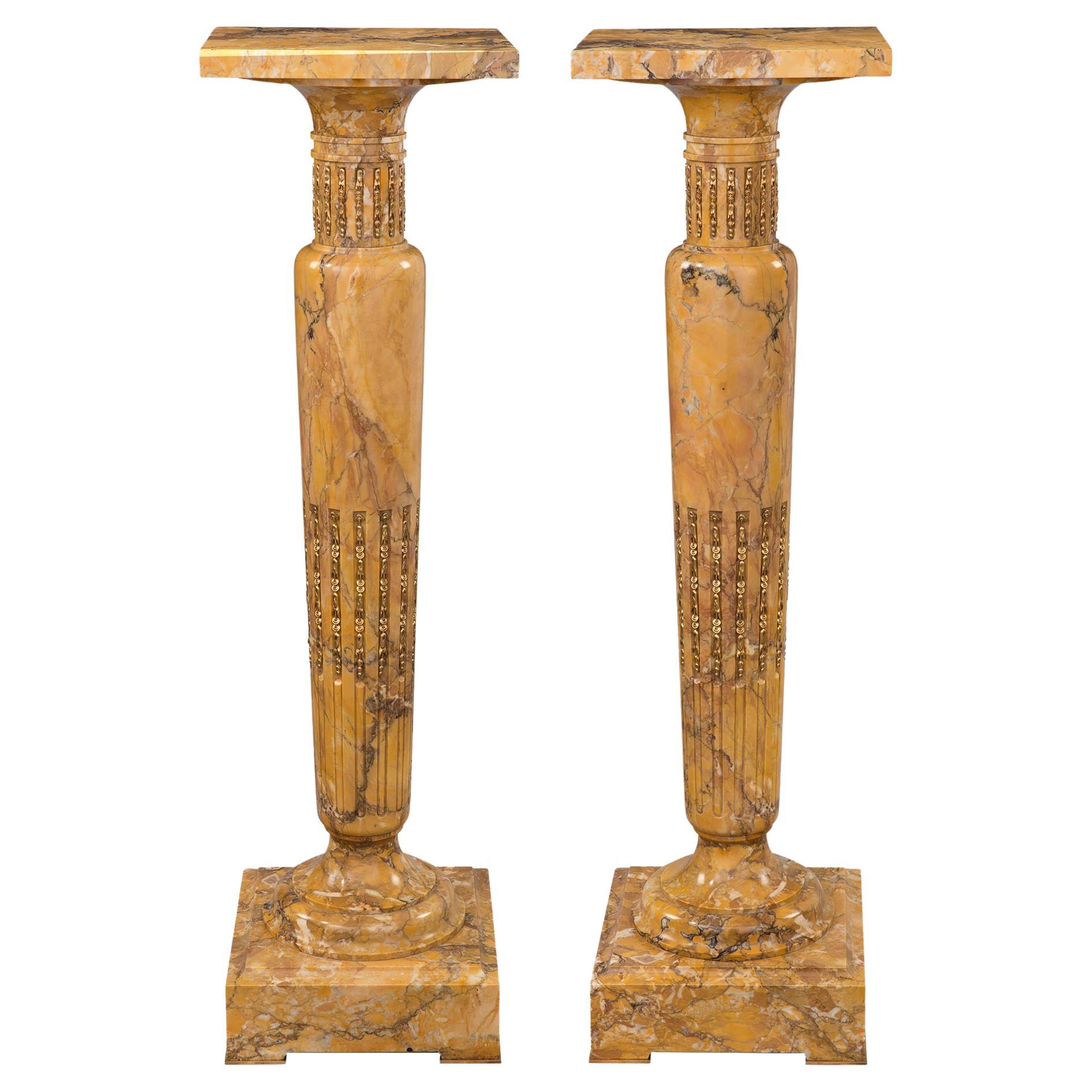 Pair of Italian Mid-19th Century Sienna Marble & Ormolu Mounted Pedestal Columns For Sale