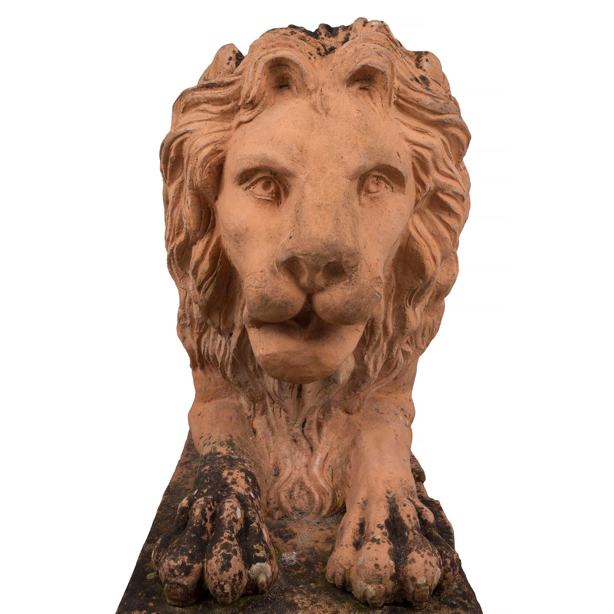 Pair of Italian Mid 19th Century Terra Cotta Lions In Good Condition For Sale In West Palm Beach, FL