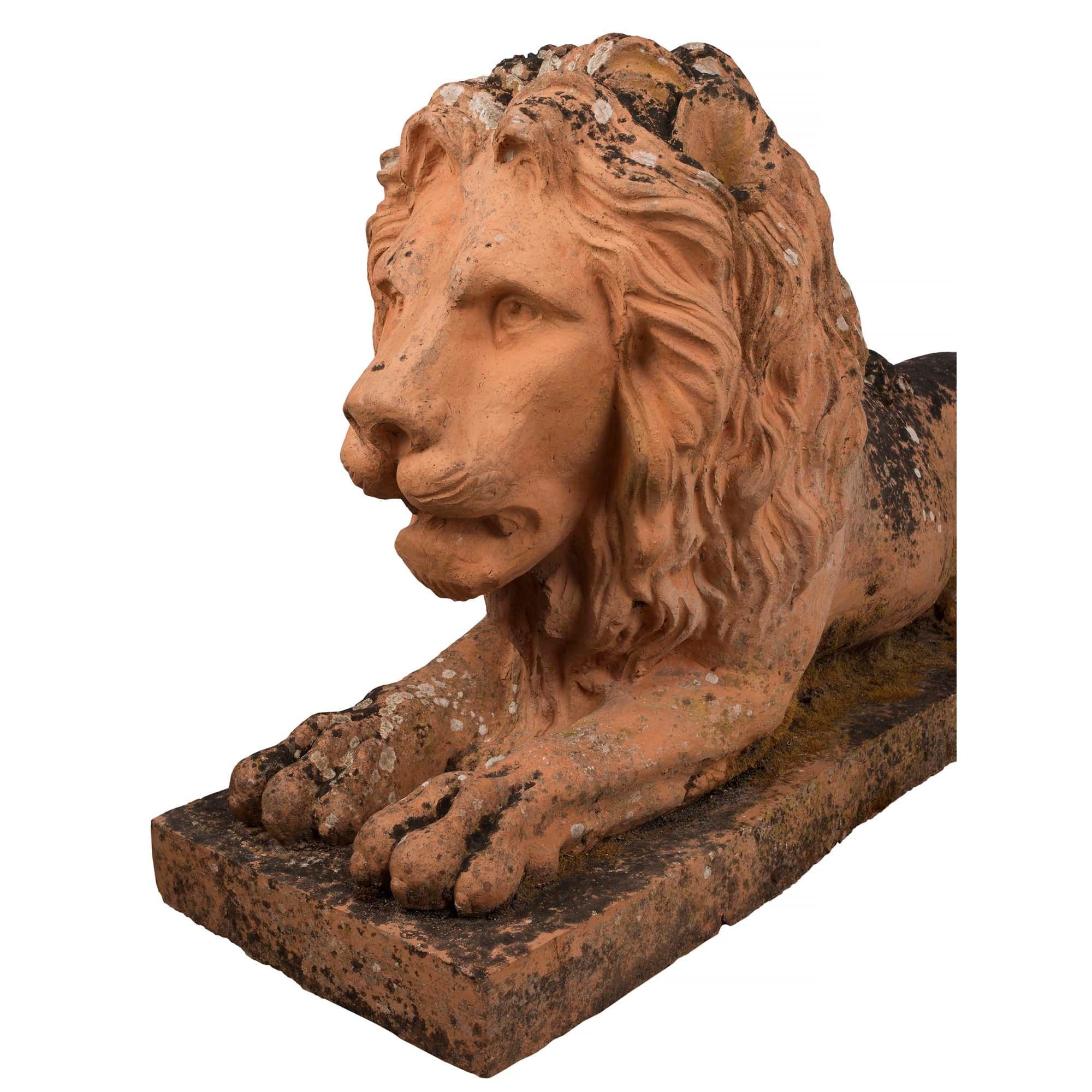 Terracotta Pair of Italian Mid 19th Century Terra Cotta Lions For Sale