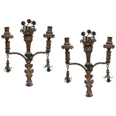 Pair of 19th-Century Italian Floral Sconces Hand-Forged Wrought Iron Wall Lights