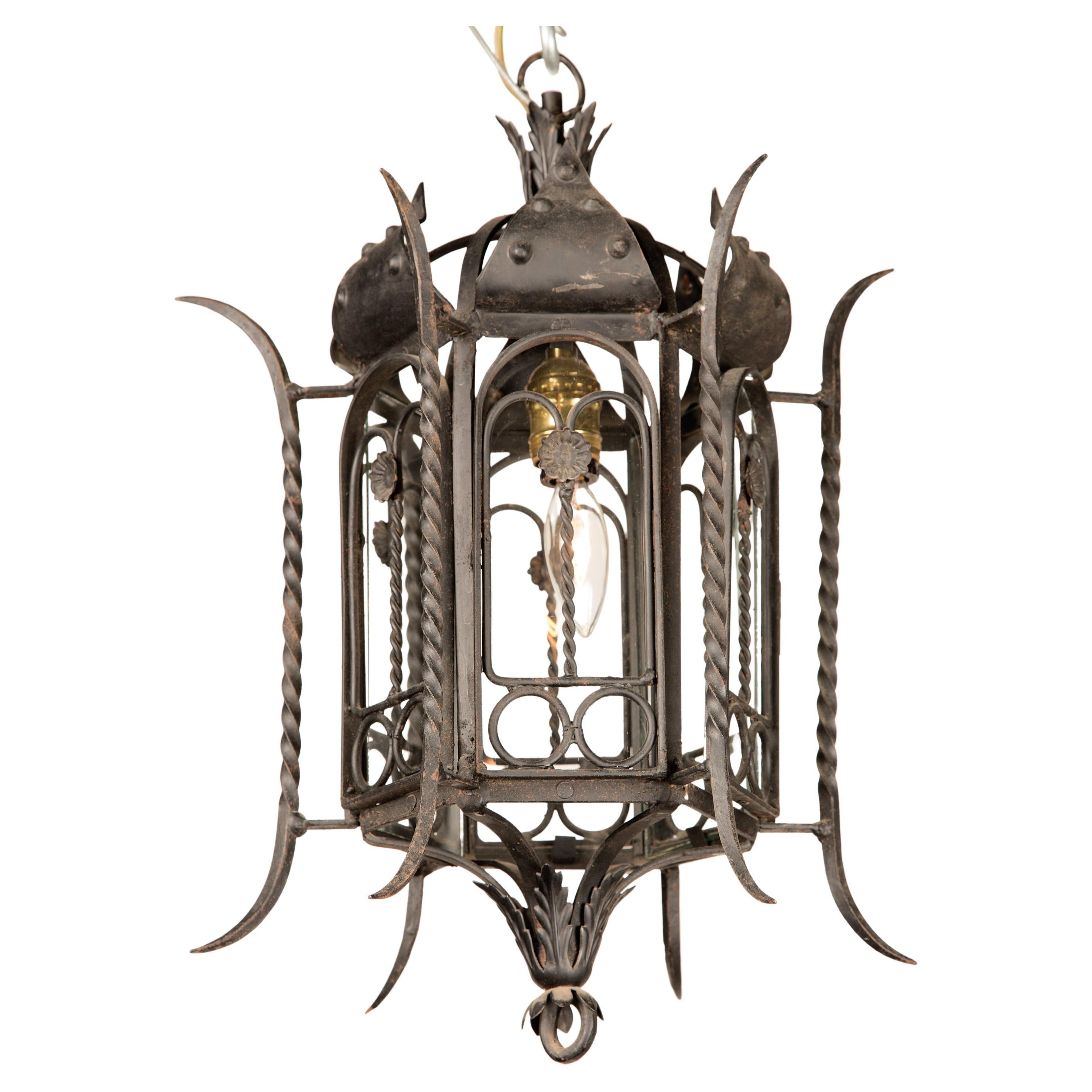 Pair of Italian Mid 20th Century Wrought Iron Hanging Lanterns For Sale