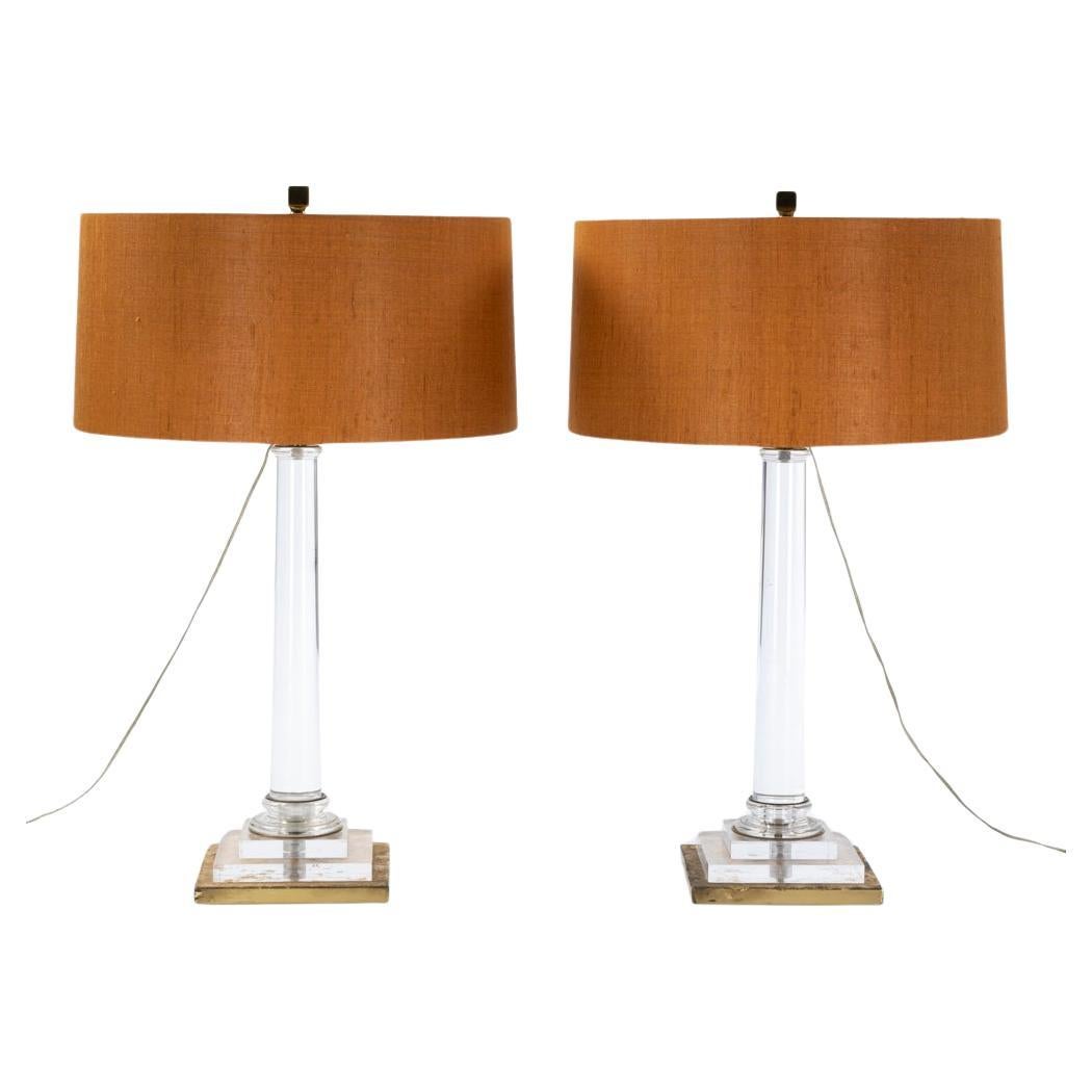 Pair of Italian Mid-Century Acrlyic Table Lamps Gilded Base by F. Loffredo 1970s For Sale