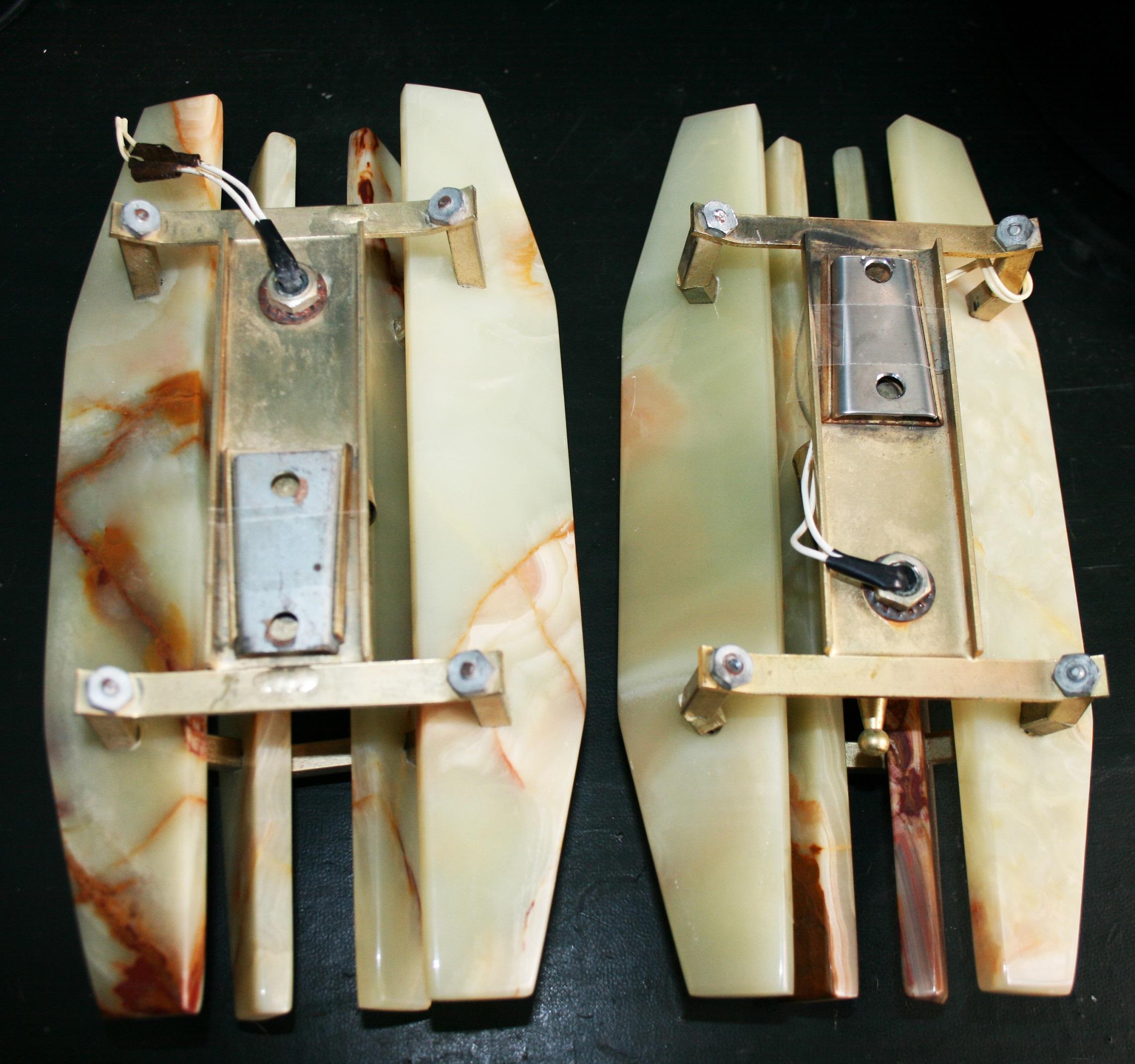 Mid-20th Century Pair of Italian Midcentury Alabaster and Brass Sconces, Late 1960s