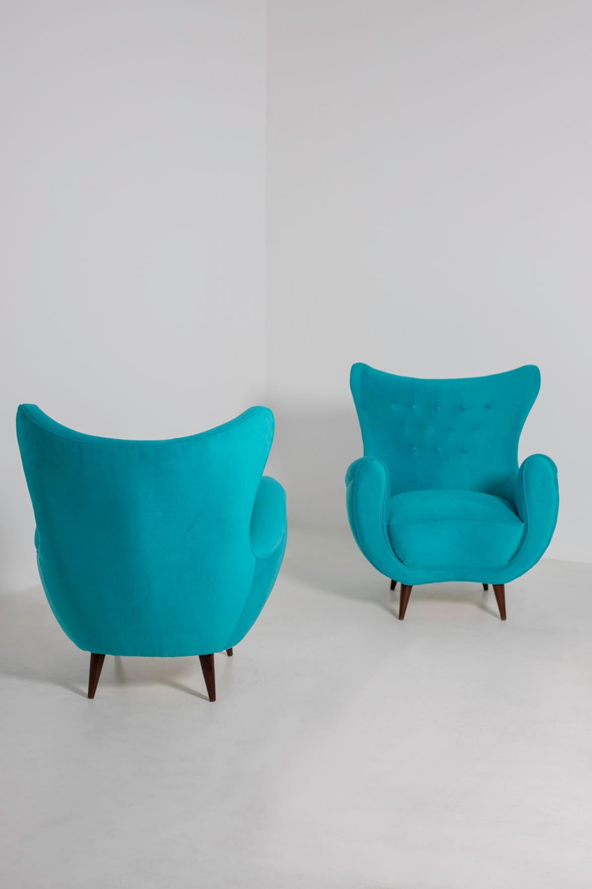 Mid-Century Modern Pair of Italian Midcentury Armchair in Light Blue Velvet, 1950s