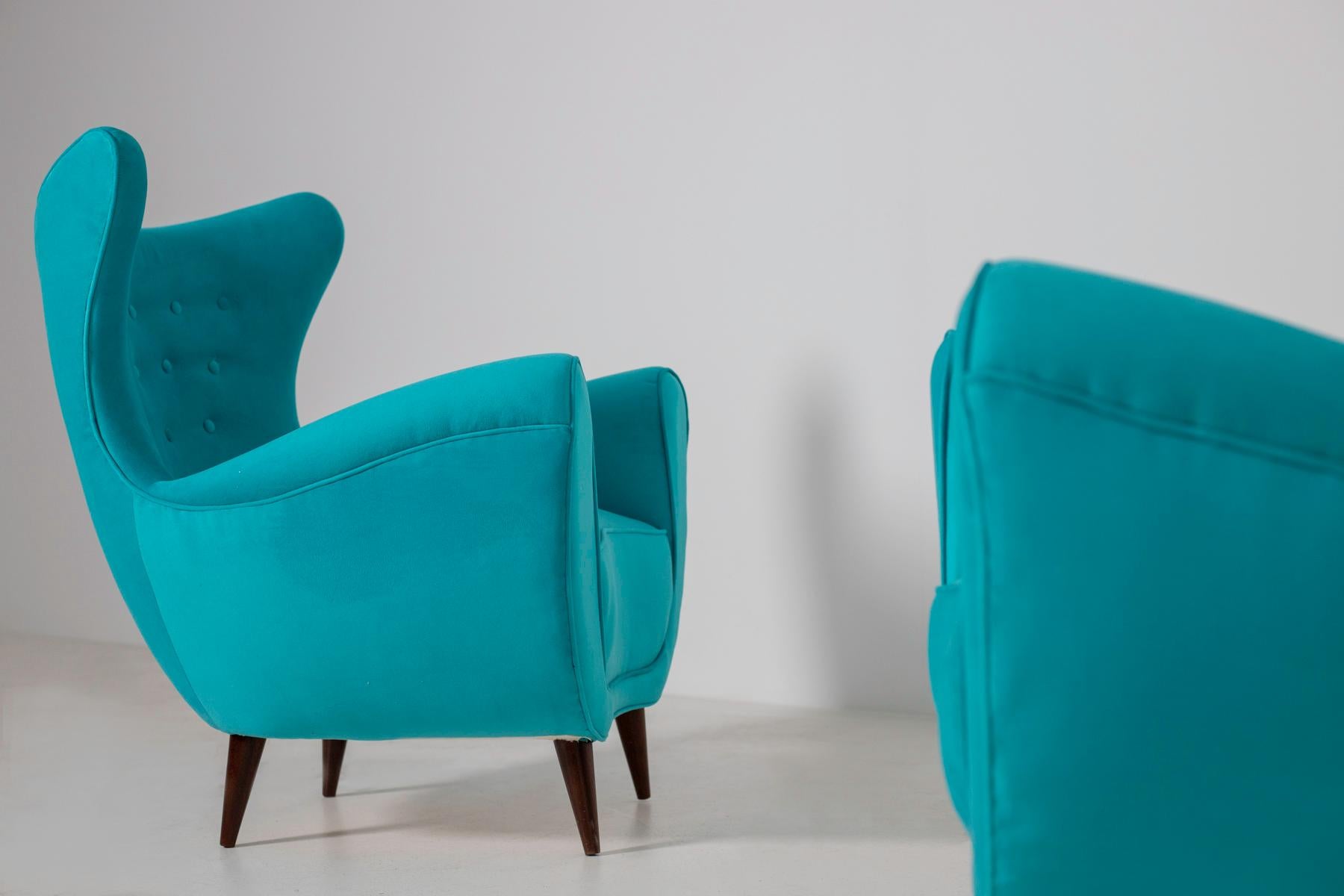 Pair of Italian Midcentury Armchair in Light Blue Velvet, 1950s 1