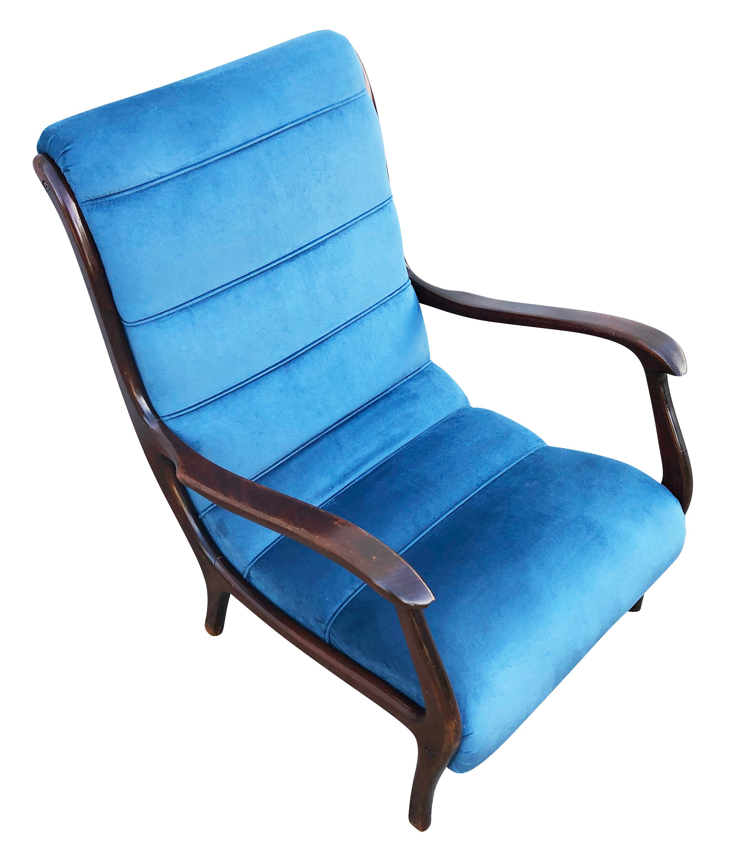 Pair of Italian midcentury lounge chairs by Ezio longhi with wood framing and blue velvet seats. Price listed is for the pair-Can be split upon request. 

Condition: Minor wear consistent with age and use. Recently recovered.

Measures: Width