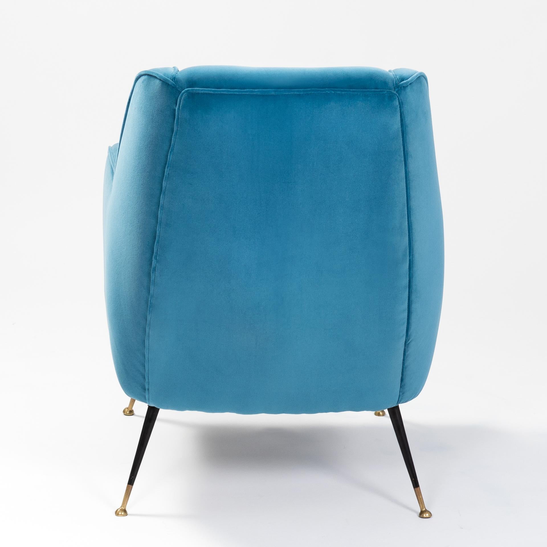 Mid-Century Modern Pair of Italian Midcentury Armchairs Re-Upholsterd in Turquoise Colored Velvet