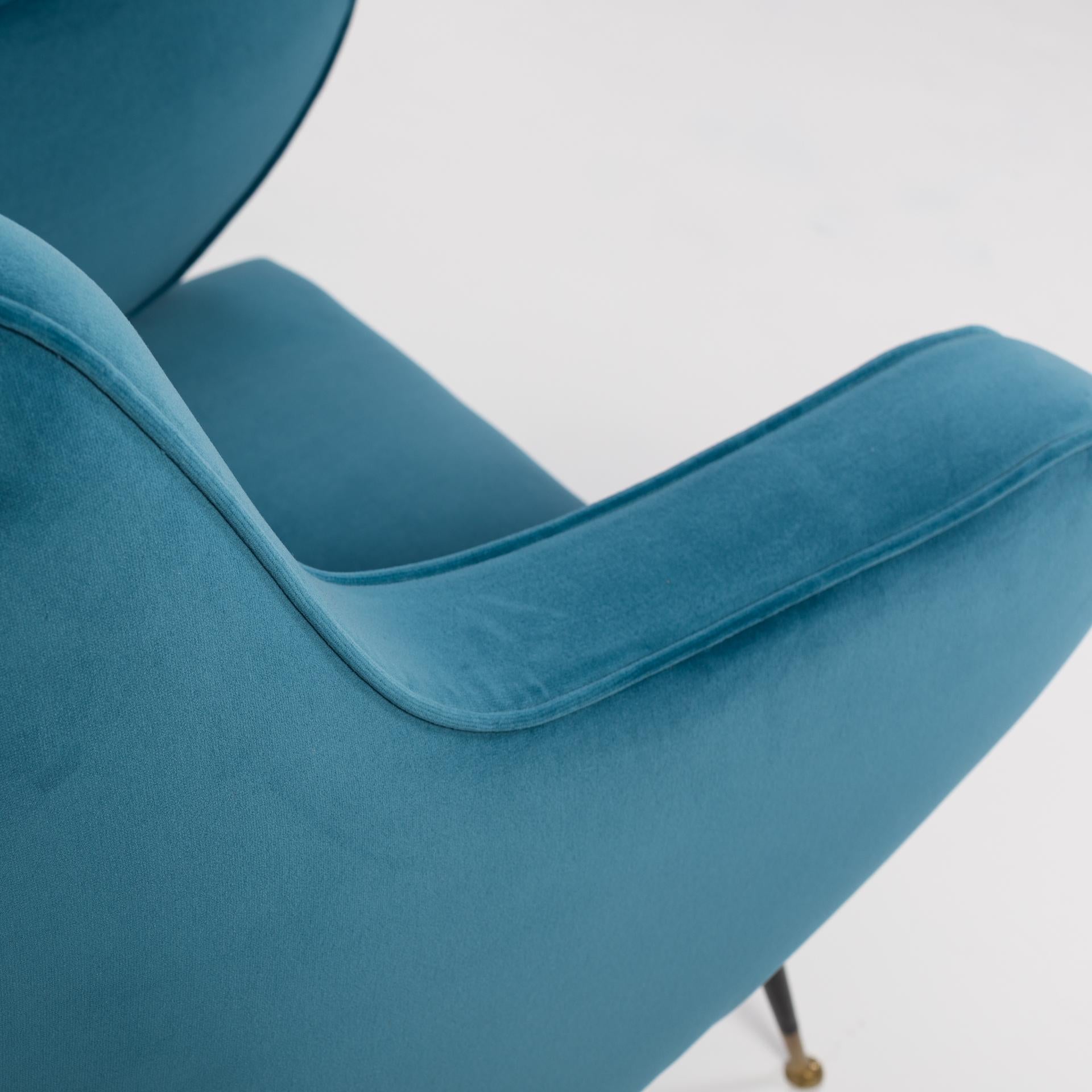 Molded Pair of Italian Midcentury Armchairs Re-Upholsterd in Turquoise Colored Velvet