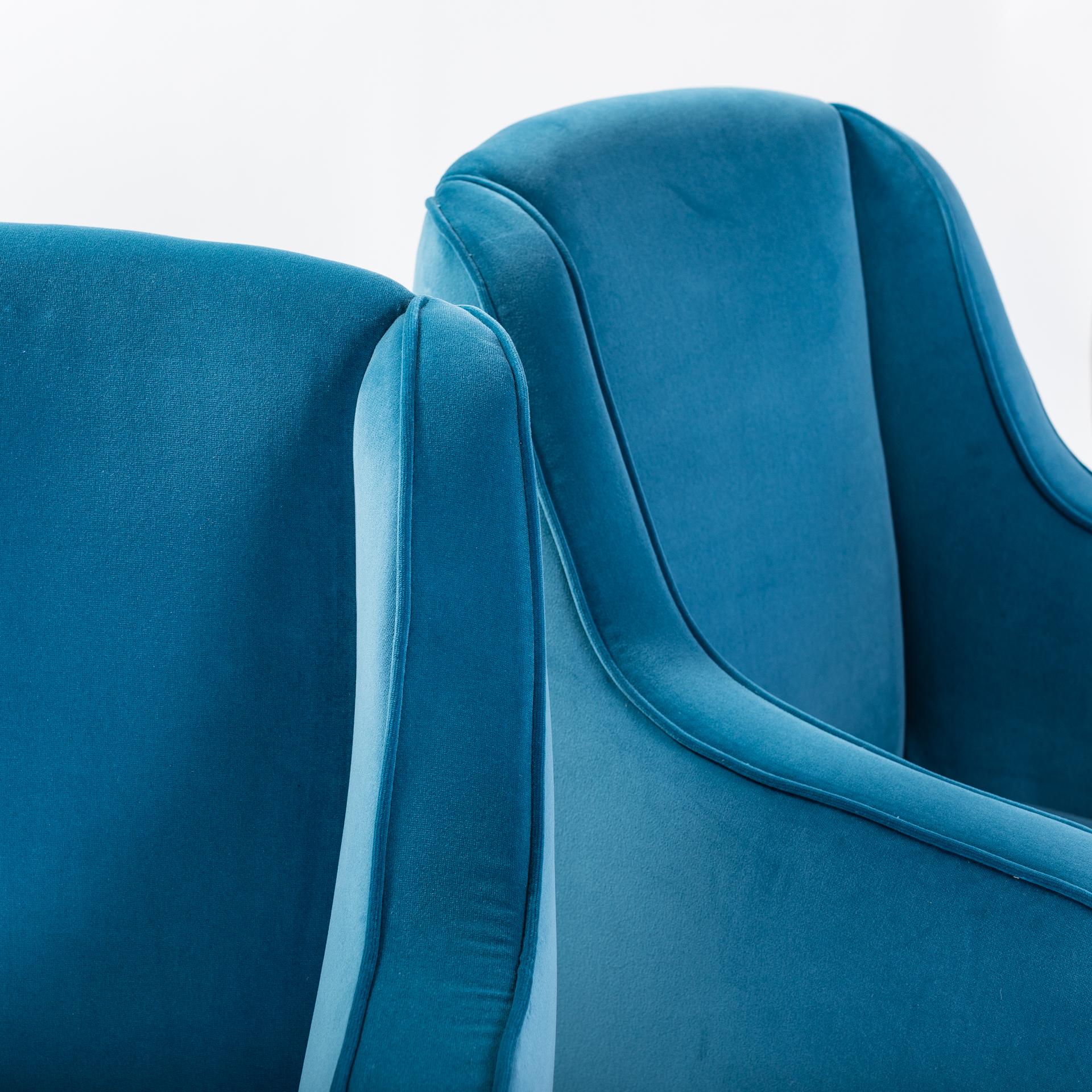 Bronze Pair of Italian Midcentury Armchairs Re-Upholsterd in Turquoise Colored Velvet