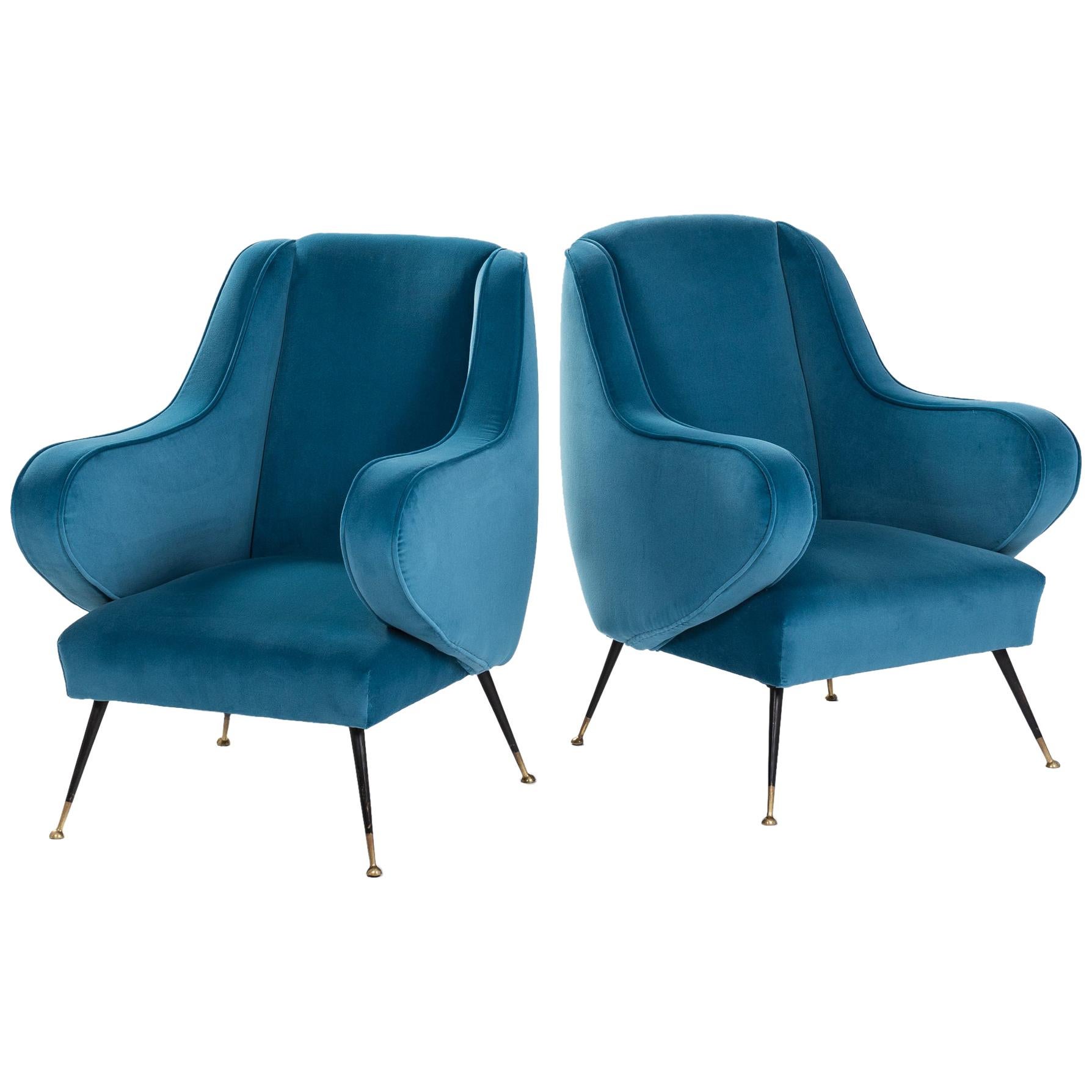 Pair of Italian Midcentury Armchairs Re-Upholsterd in Turquoise Colored Velvet