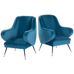 Pair of Italian Midcentury Armchairs Re-Upholsterd in Turquoise Colored Velvet