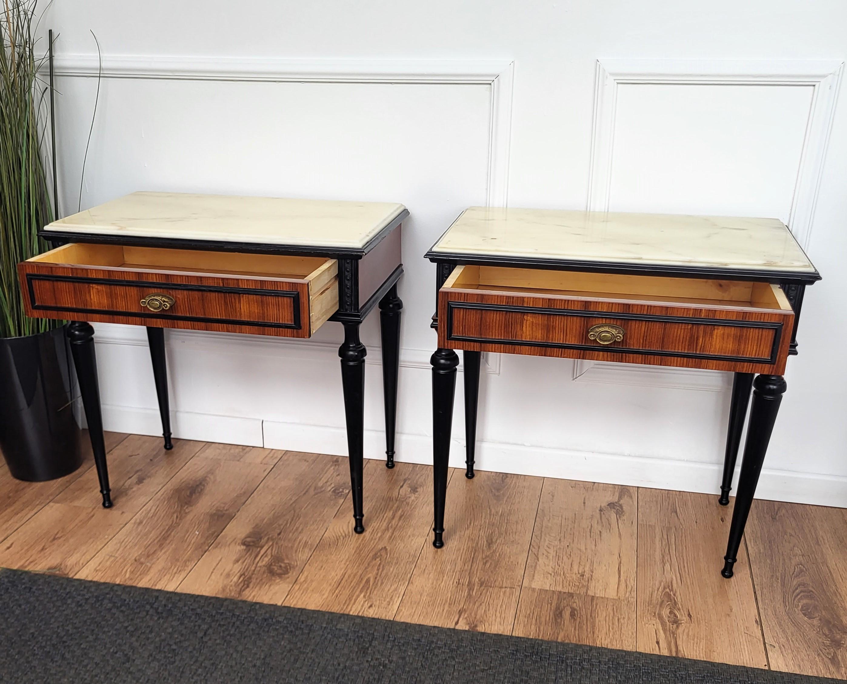 20th Century Pair of Italian Mid-Century Art Deco Wood Marble Top Night Stands Bedside Tables