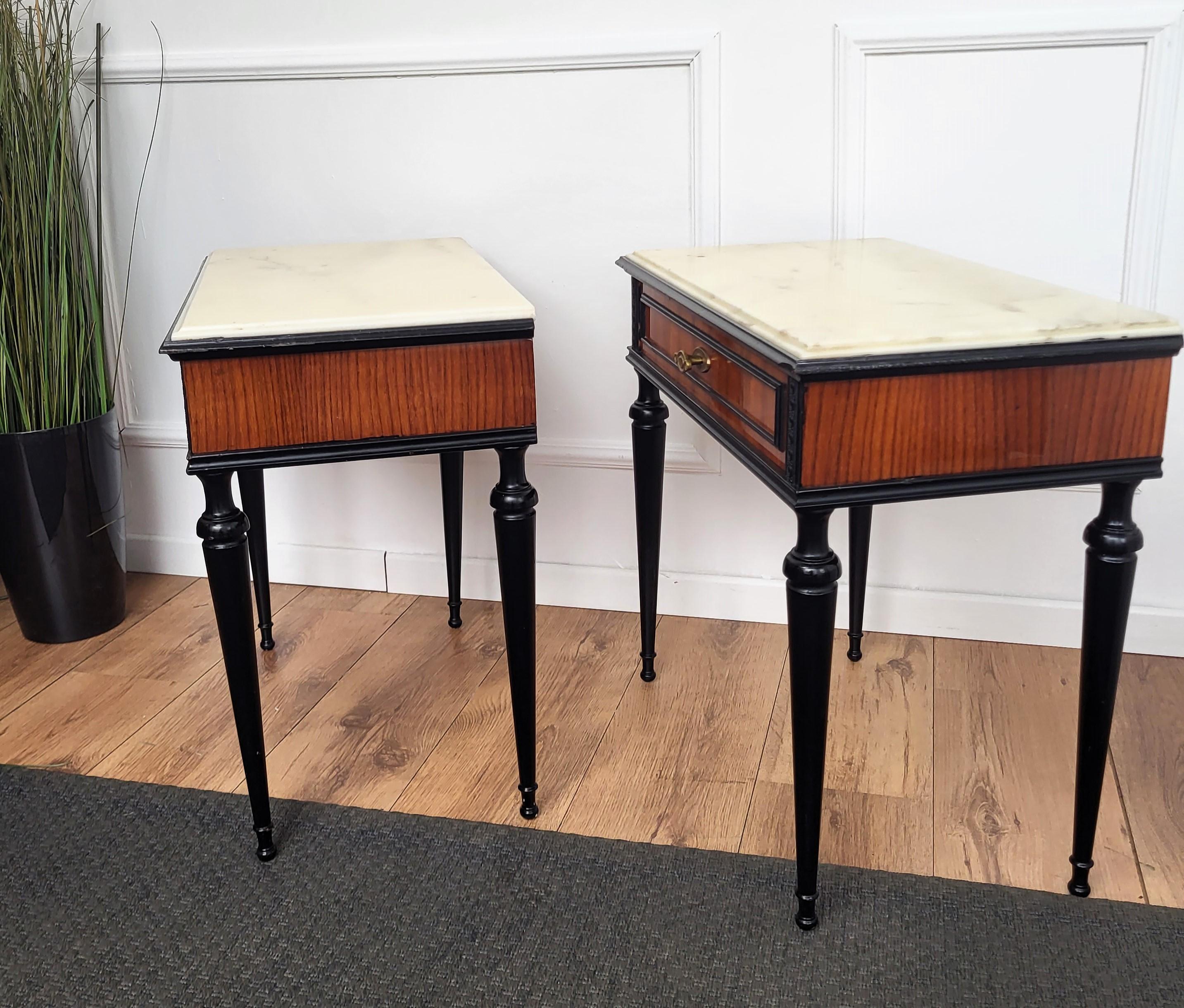 Brass Pair of Italian Mid-Century Art Deco Wood Marble Top Night Stands Bedside Tables