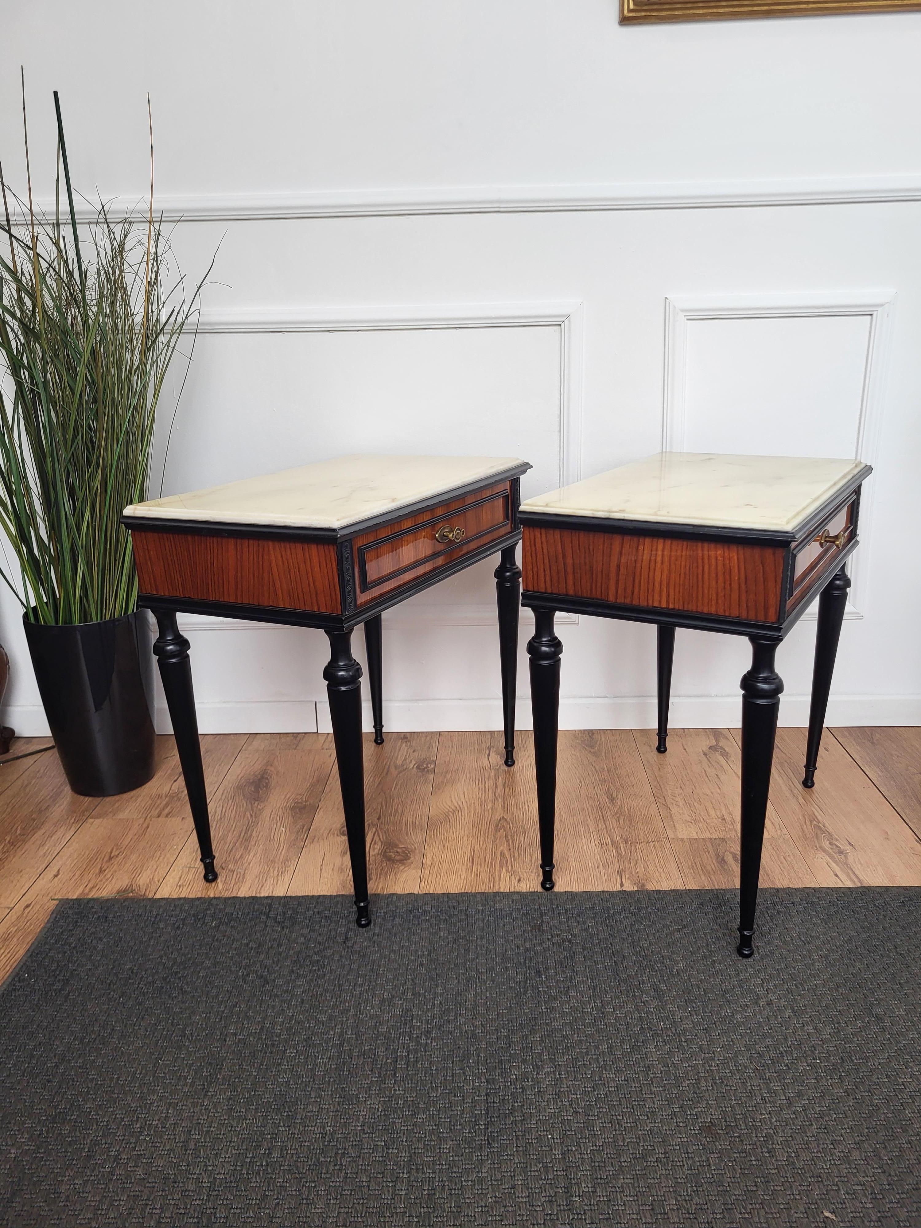 Pair of Italian Mid-Century Art Deco Wood Marble Top Night Stands Bedside Tables 2