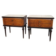 Pair of Italian Mid-Century Art Deco Wood Marble Top Night Stands Bedside Tables