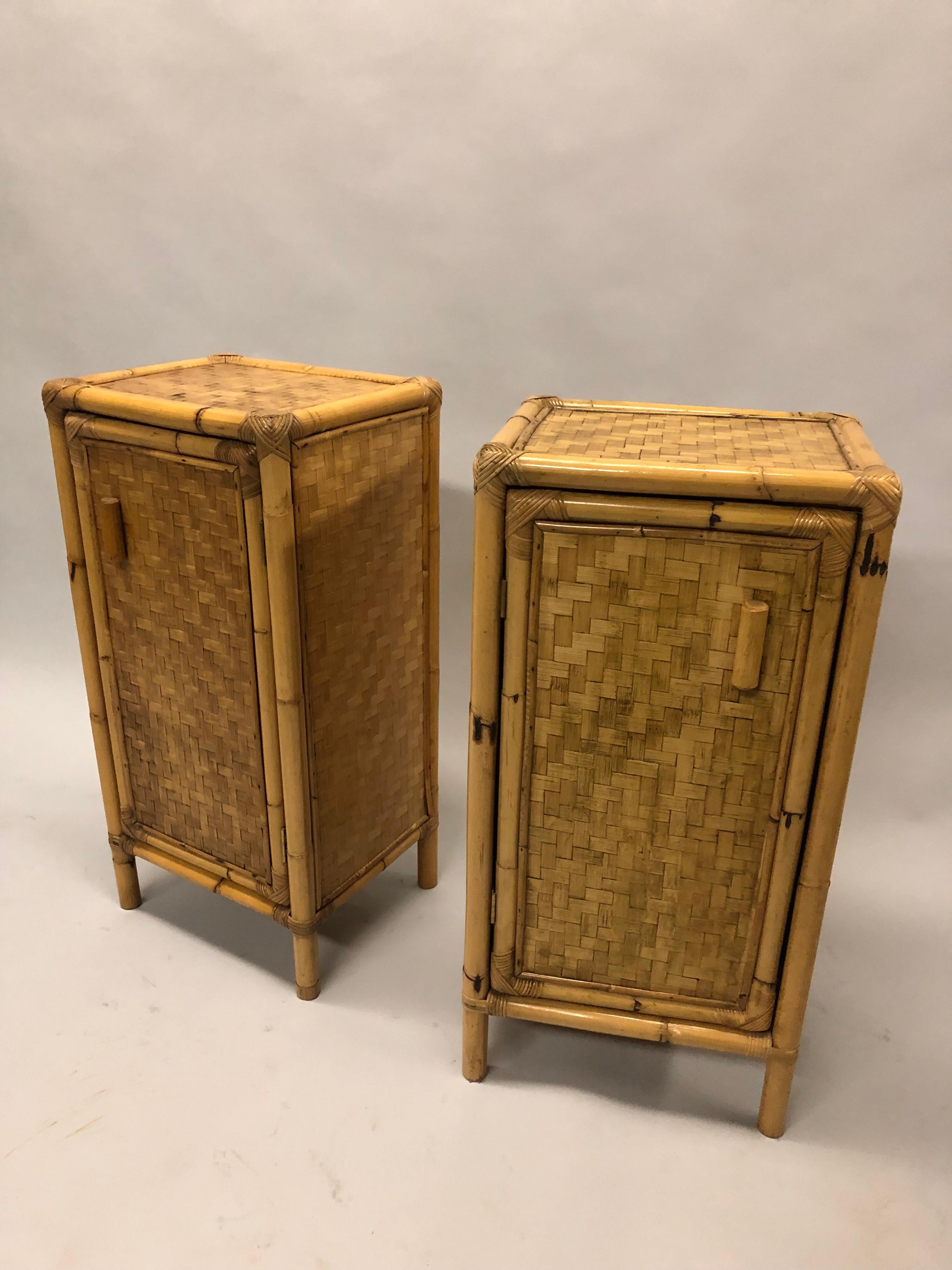 A Timeless Pair of Italian Mid-Century Modern 
Bamboo and Rattan nightstands, commodes, end or side tables, attributed to Bonacina. The tables are beautifully hand made with all natural materials signify a relaxed elegance; and, they are