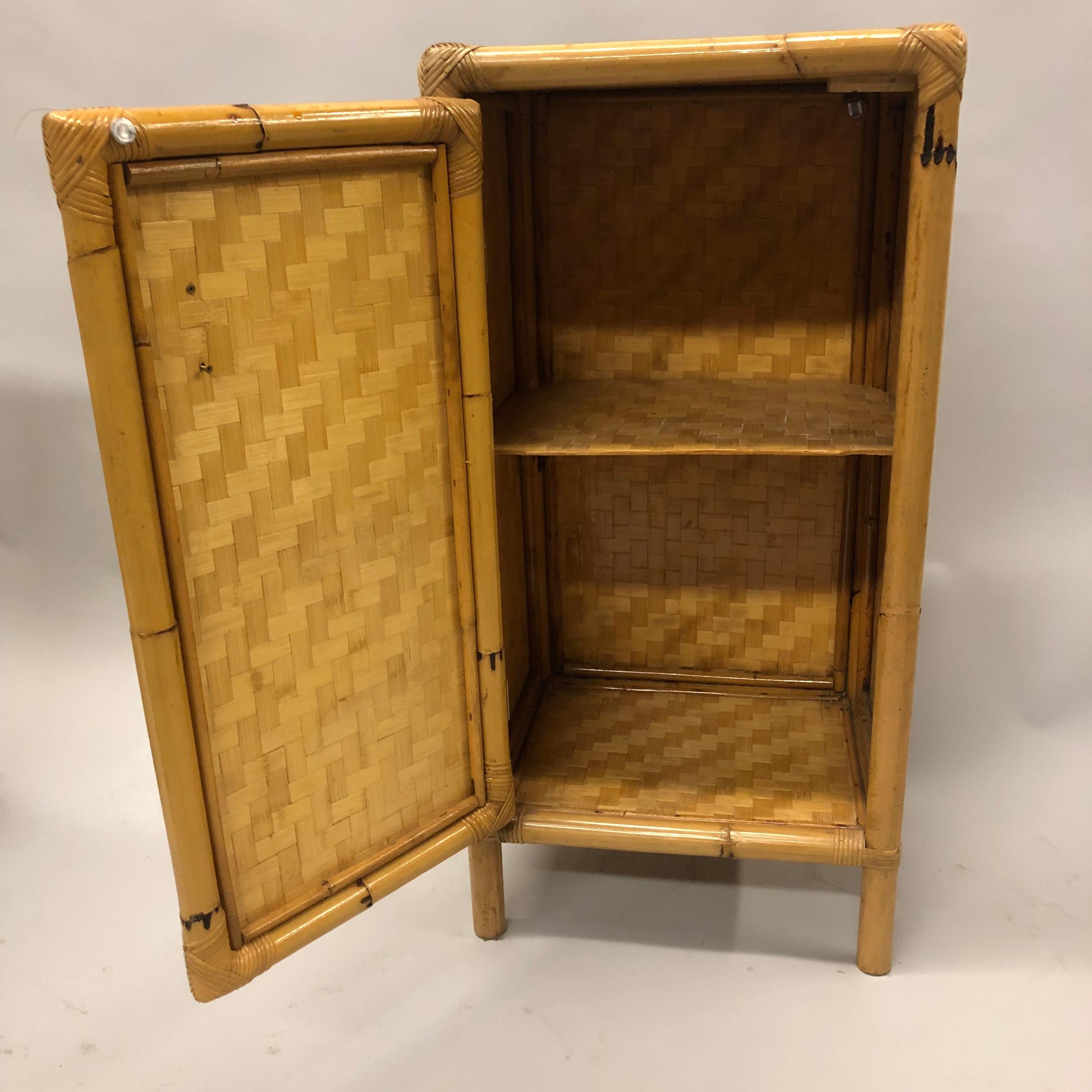 Pair of Italian Mid-century Bamboo & Rattan Nightstands / Side Tables, Bonacina In Good Condition In New York, NY