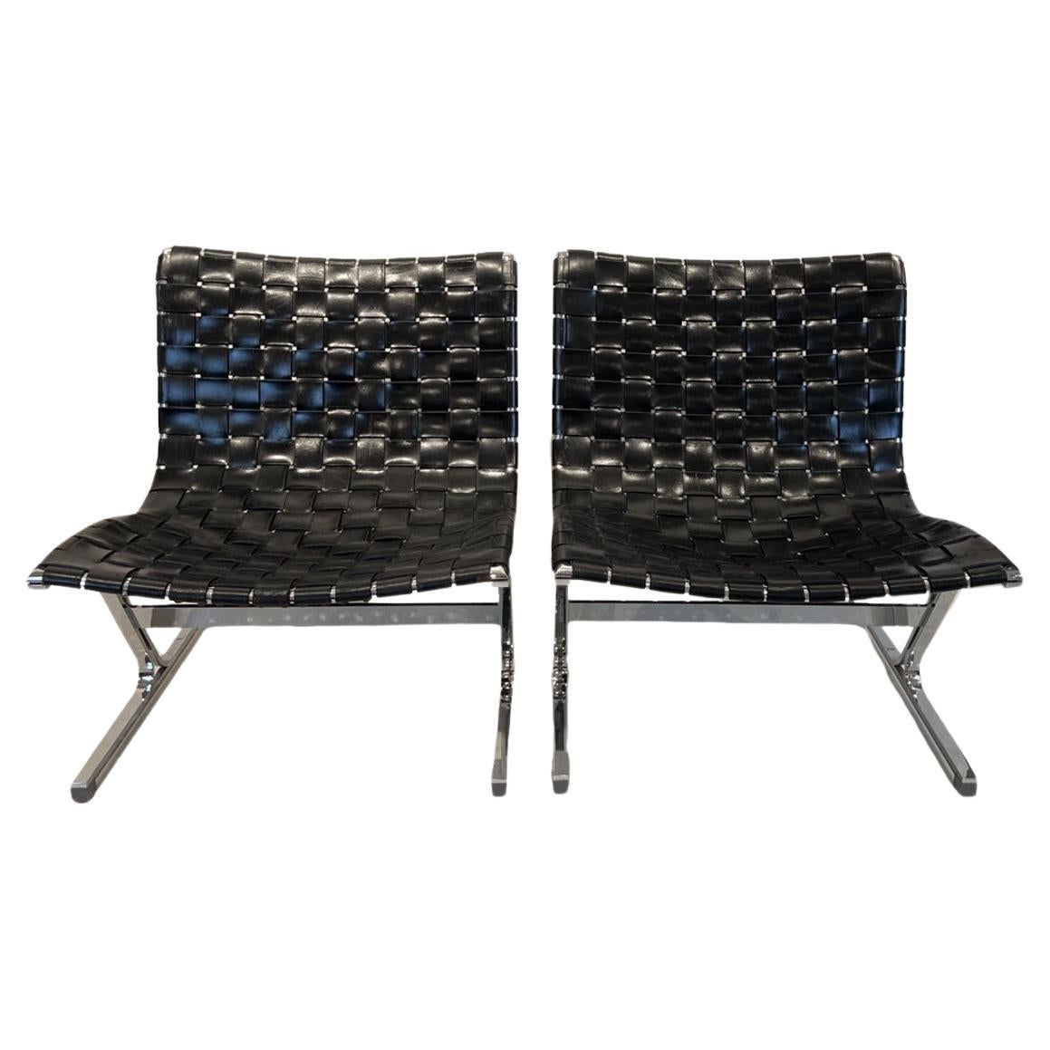 Pair of Italian Mid-Century Black Leather 
Chrome Chairs