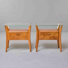 Pair of Italian Mid-Century Blonde Walnut Bedside Tables with Elevated Glass Top
