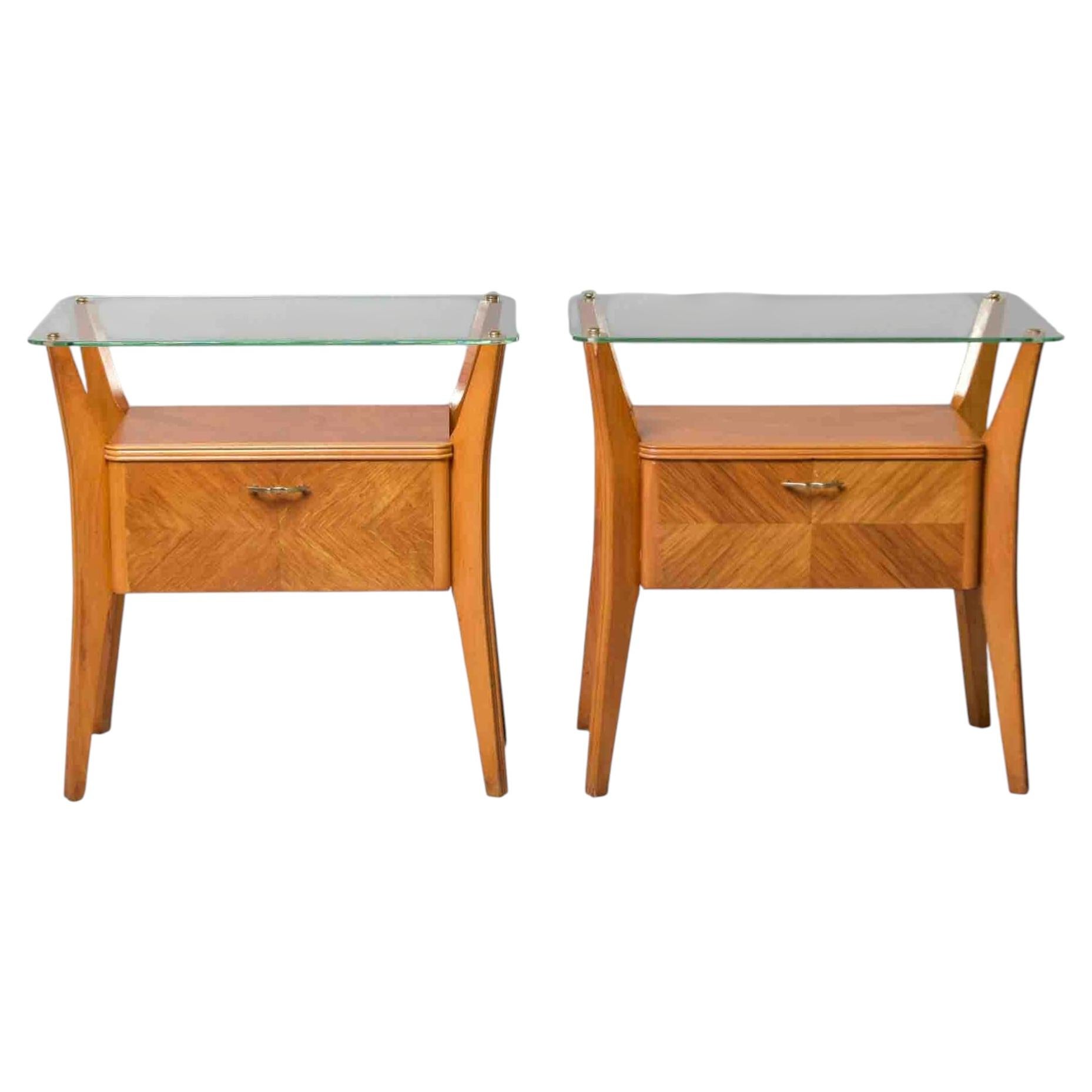 Pair of Italian Mid-Century Blonde Walnut Bedside Tables with Elevated Glass Top