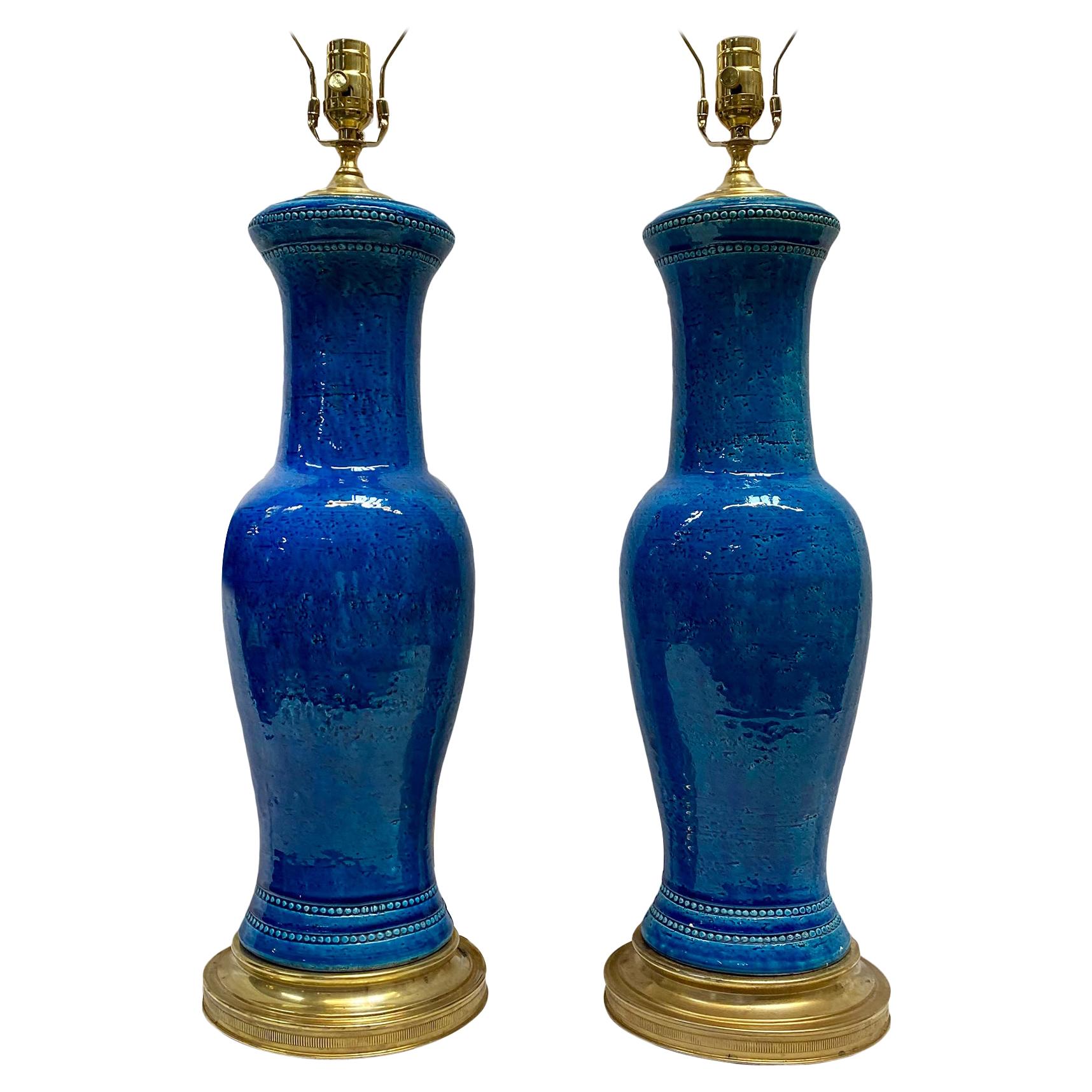 Pair of Italian Mid Century Blue Porcelain Lamps For Sale
