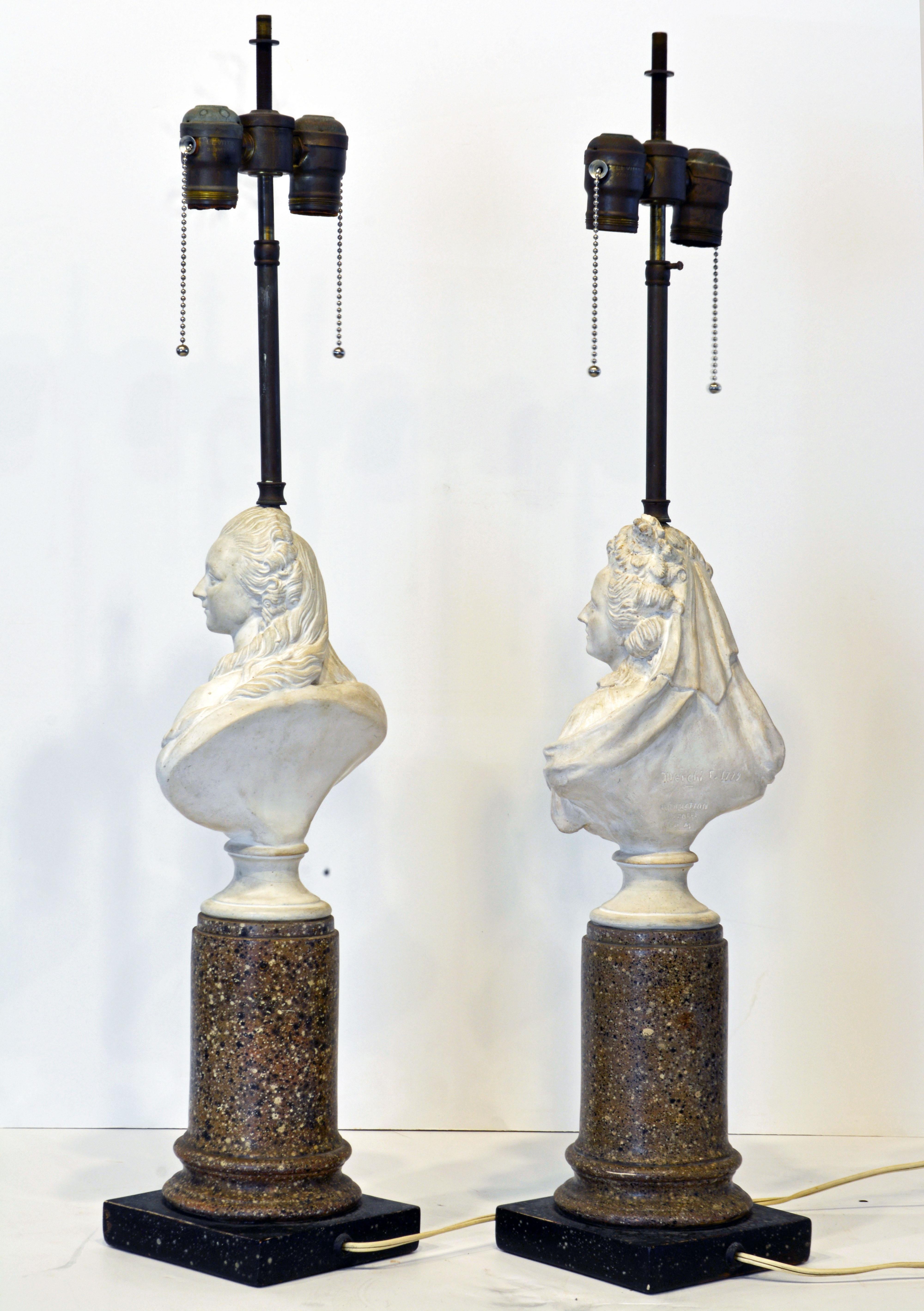 These Italian Borghese table lamps feature composition bust of two individual ladies of the nobility after Gaetano March (1747-1823) mounted on faux reddish marble columns and dark bases. Original Borghese label on the bottom.

  
