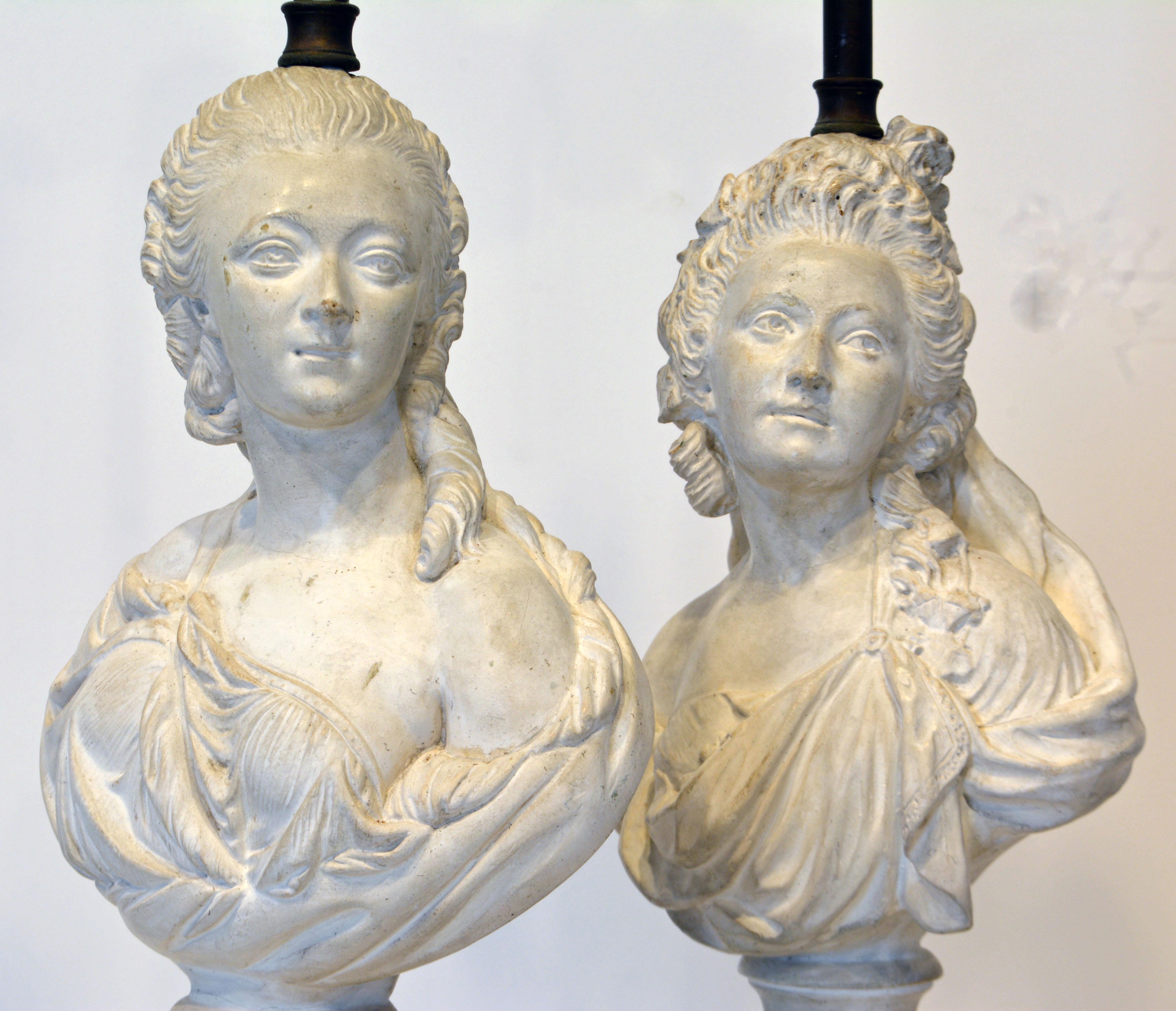 Neoclassical Pair of Italian Midcentury Borghese Column and Bust Table Lamps