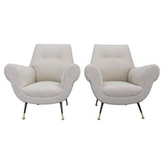 Pair of Italian Mid-century Boucle Armchairs, Iron
Brass Legs, 1950s Pair of Italian Mid-century Boucle Armchairs, Iron
Brass Legs, 1950s