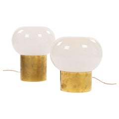 Coppia di lampade da tavolo a forma di fungo in ottone e muranoglass della metà del secolo scorso 1970