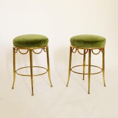 Pair of Italian Mid-Century Brass Stools with Green Velvet Seats, 1950s