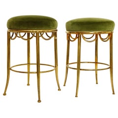 Pair of Italian Mid-Century Brass Stools with Green Velvet Seats, 1950s