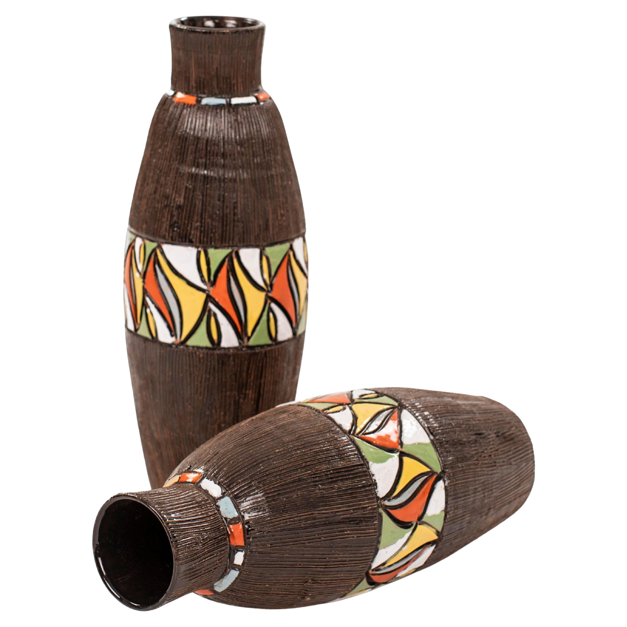Coppia di vasi in ceramica marrone della metà del secolo scorso di Fratelli Fanciullacci 1960s in vendita
