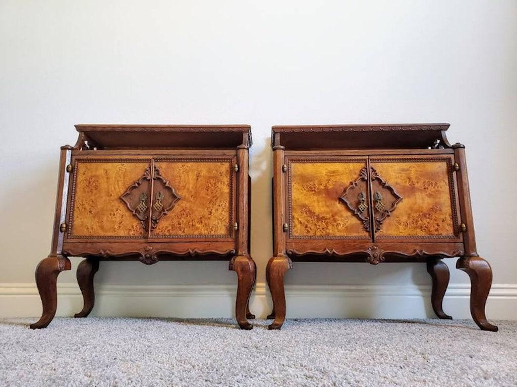 A fine quality, scarce, likely one-of-a-kind matched pair of Italian burlwood bedside cabinets. Handmade in Northern Italy in the mid 20th century, with hints of Venetian, Art Deco and Modernist influence, having a raised back with scalloped top