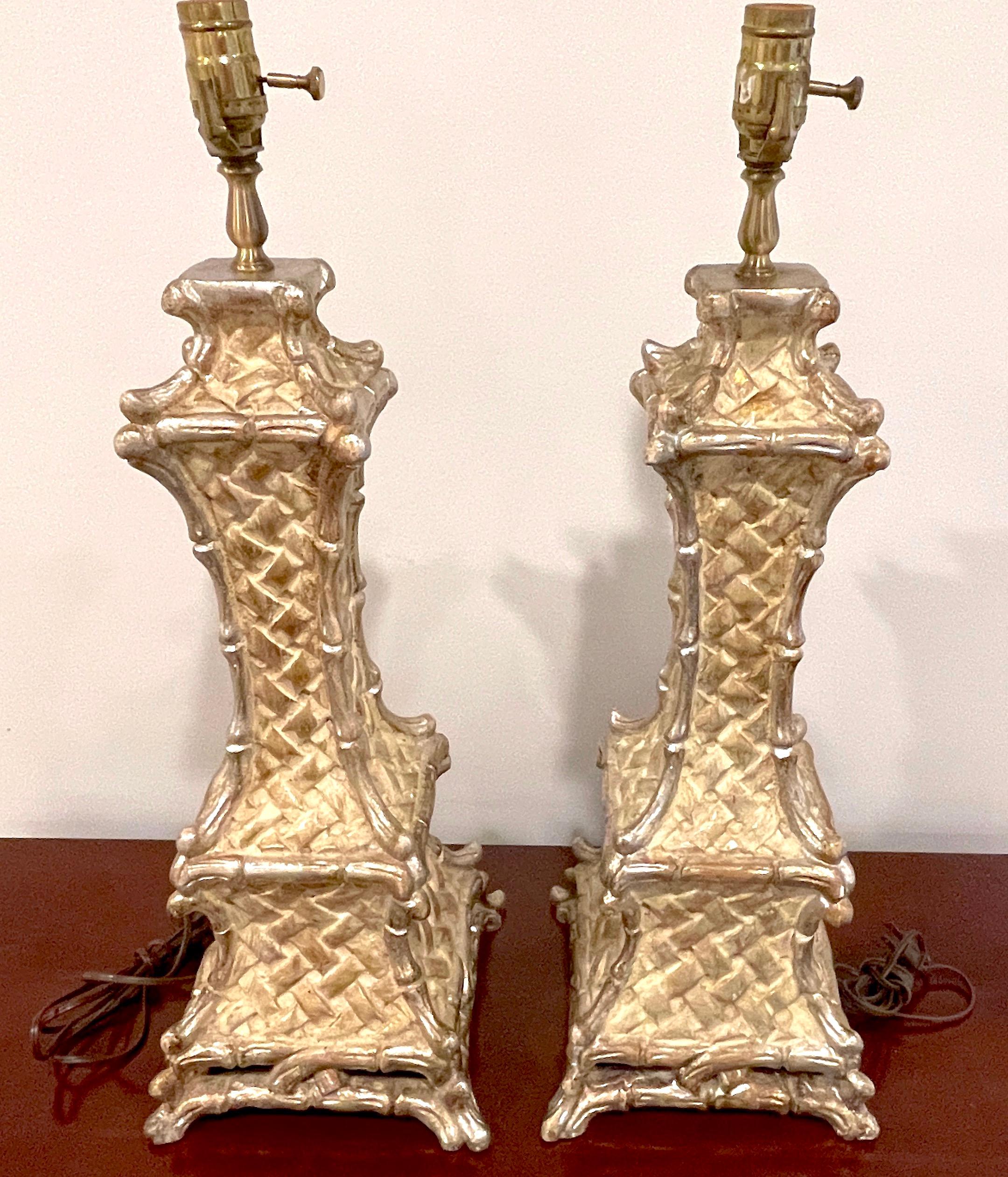 Pair of Italian Mid-Century Carved Giltwood Faux Bamboo Column Lamps For Sale 2