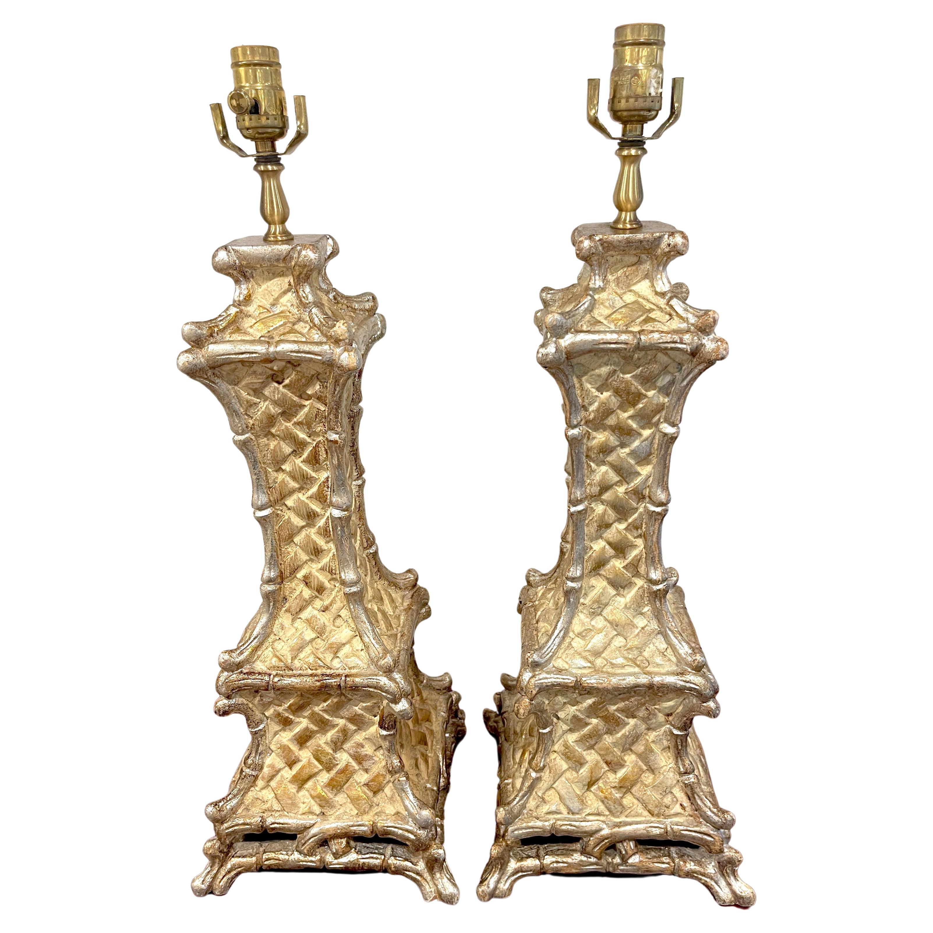 Pair of Italian Mid-Century Carved Giltwood Faux Bamboo Column Lamps For Sale