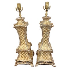Pair of Italian Mid-Century Carved Giltwood Faux Bamboo Column Lamps