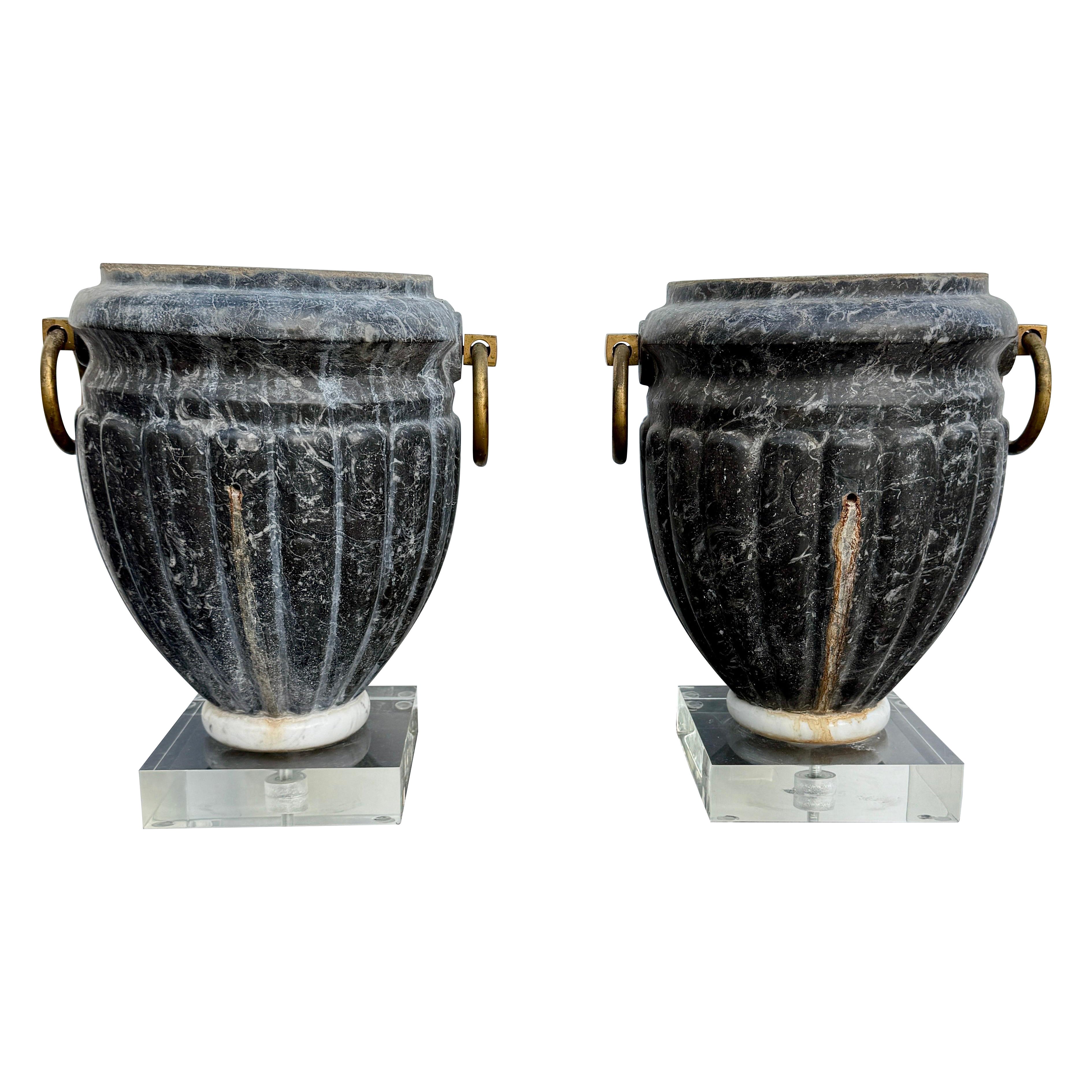 Pair of Italian Mid-Century Carved Marble Fluted Planters Urns For Sale