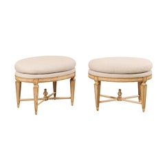 Pair of Italian Mid-Century Carved Wood Stools with Oval Shape