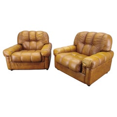 Pair of Italian Mid-Century Cognac Leather Lounge Armchairs, 1970s