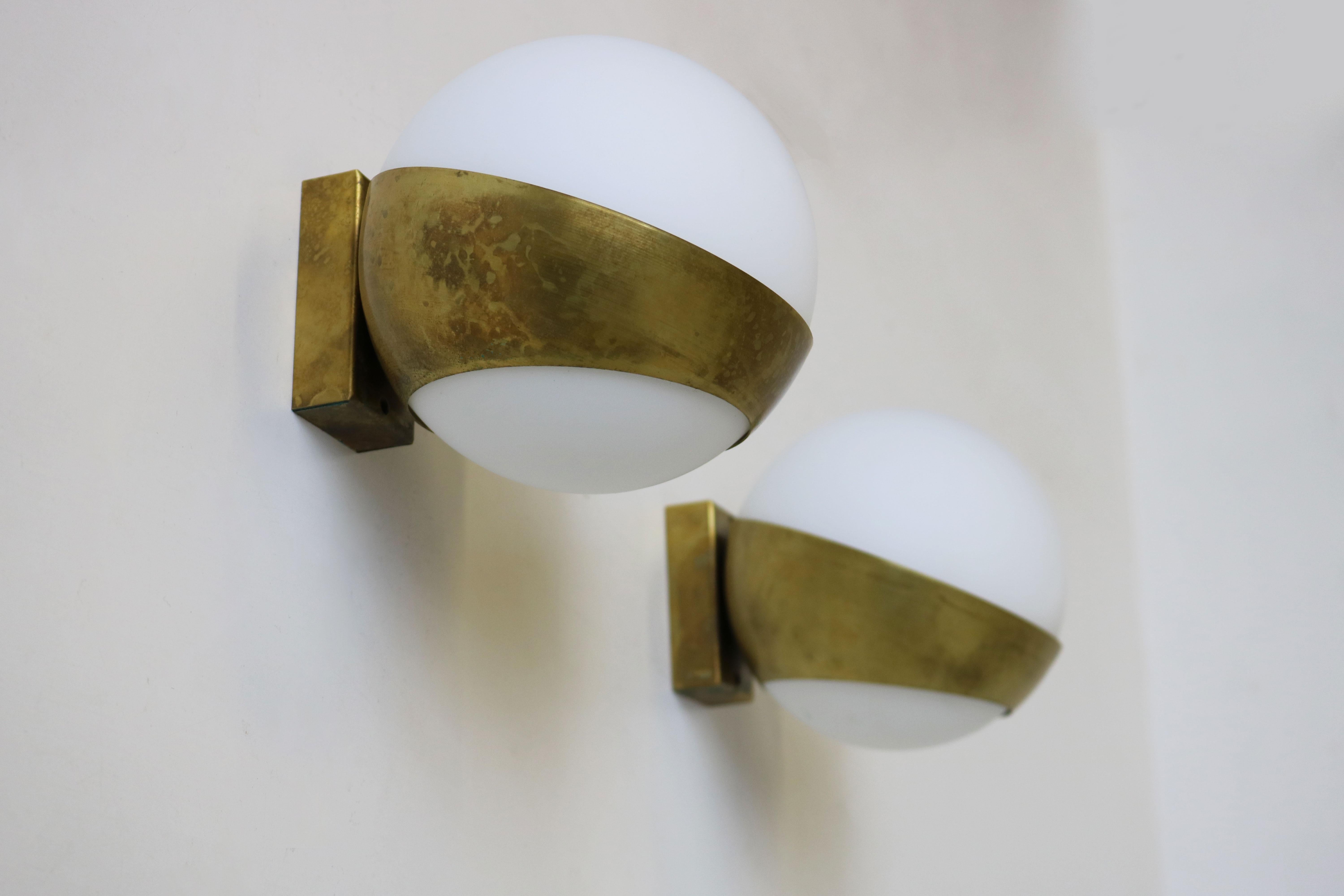 Pair of Italian Mid-Century Design Wall Lights 1950 Stilnovo Style Brass Opaline 2