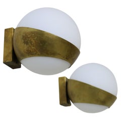 Pair of Italian Mid-Century Design Wall Lights 1950 Stilnovo Style Brass Opaline
