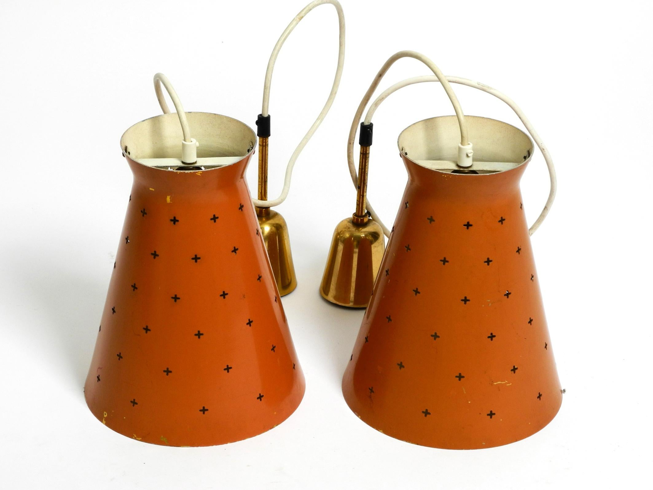 Pair of Italian Mid Century Diabolo design perforated sheet metal pendant lamps For Sale 12