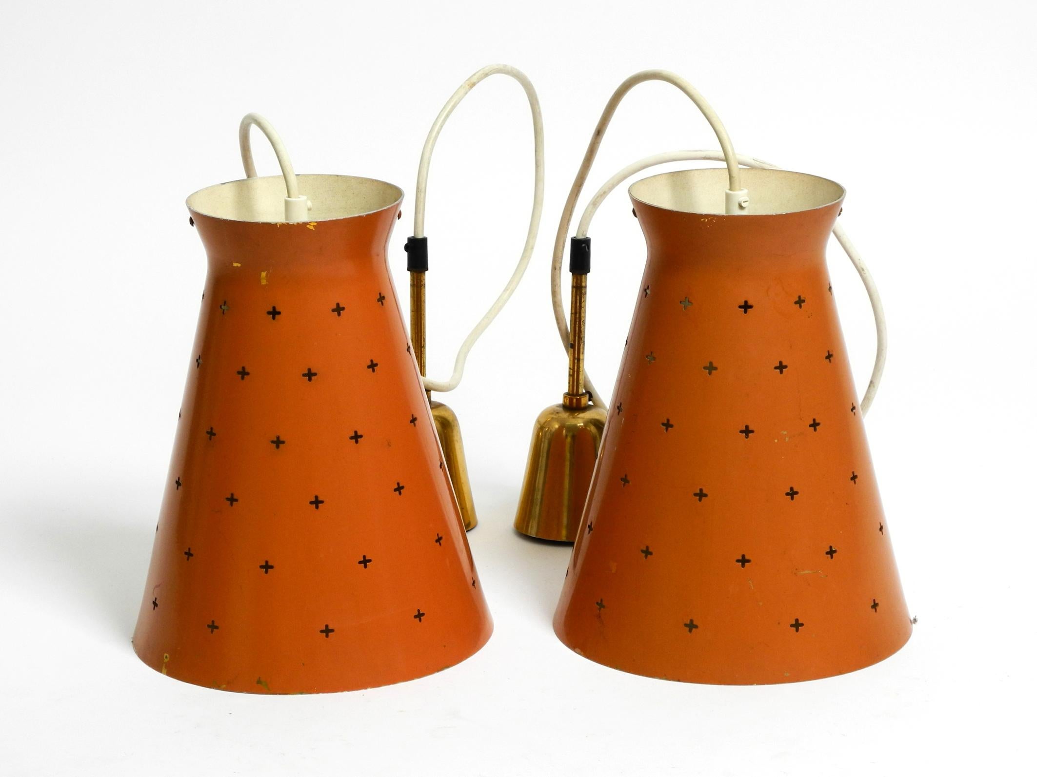 Pair of Italian Mid Century Diabolo design perforated sheet metal pendant lamps For Sale 13