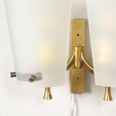 Pair of Italian Mid-Century Double Shaded Textured Glass & Brass Wall Sconces