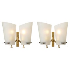 Pair of Italian Mid-Century Double Shaded Textured Glass & Brass Wall Sconces