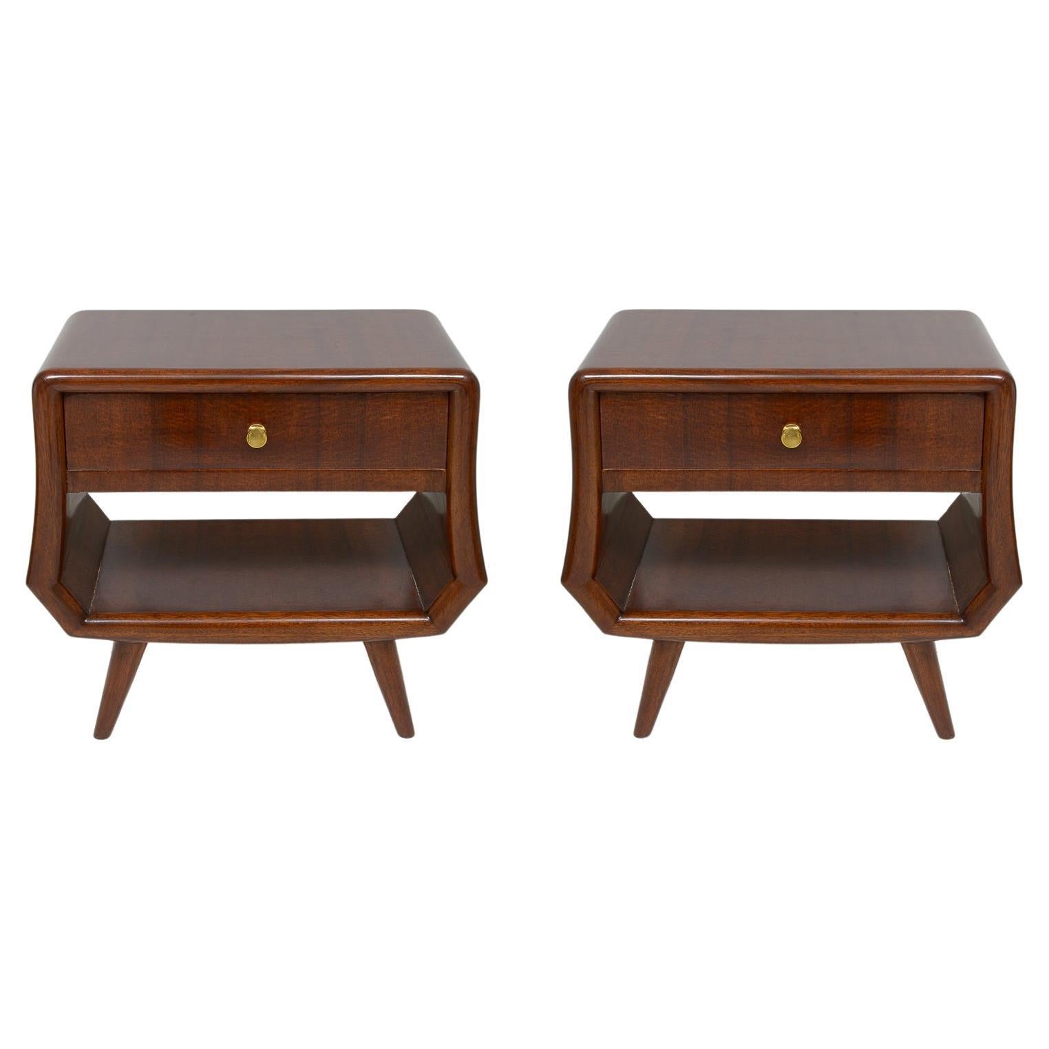Pair of Italian Mid-Century End Tables with Central Drawers