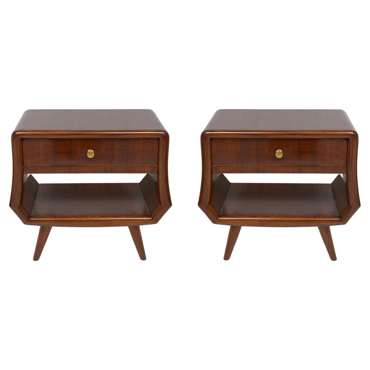 Pair of Italian Mid-Century End Tables with Central Drawers For Sale
