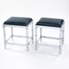 Pair of Italian Mid-Century Faux Bamboo Nickeled Stools Turquise Leather 1970s